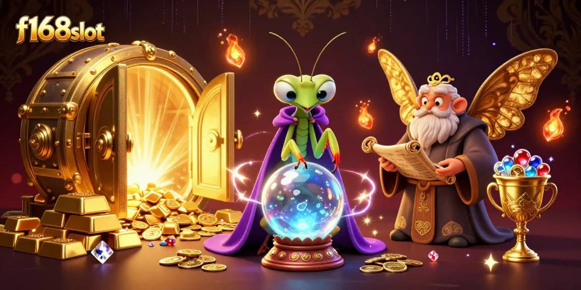 Experience the thrill of f168slot with vibrant characters and dazzling gaming elements in a mystical casino setting.