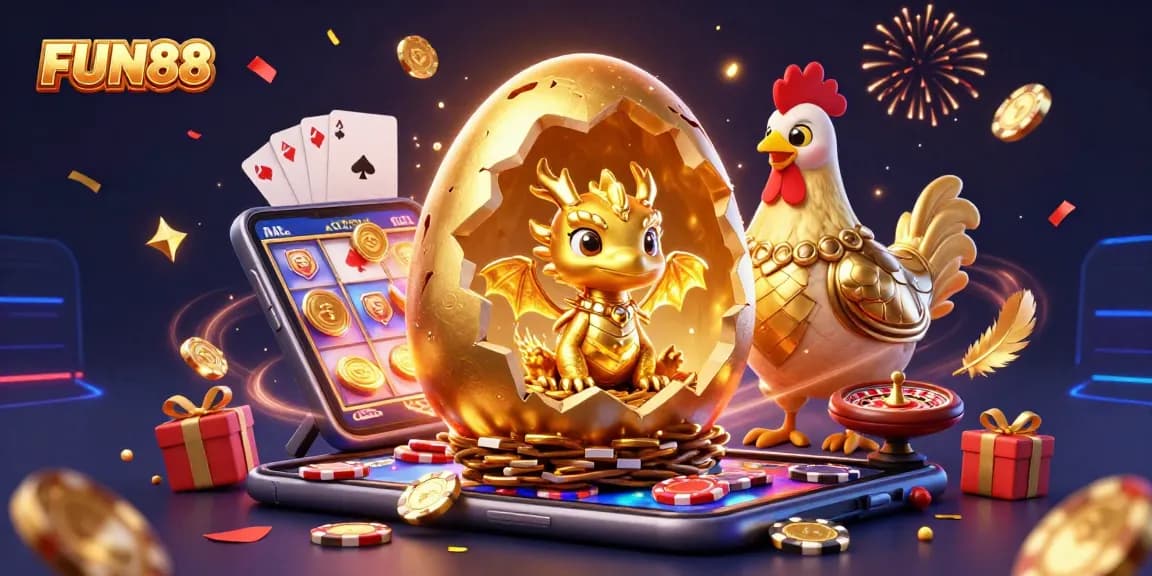 Experience excitement at FUN88 with a golden dragon guarding poker chips and engaging slot games.
