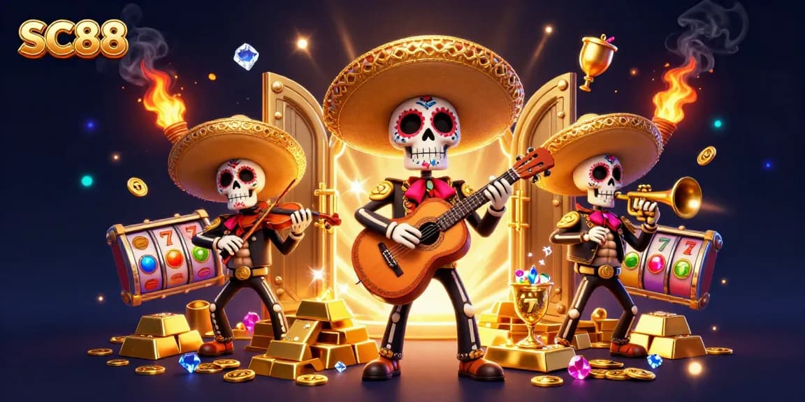 Experience thrilling wins at SC88 with vibrant mariachi characters amidst a treasure-filled casino.