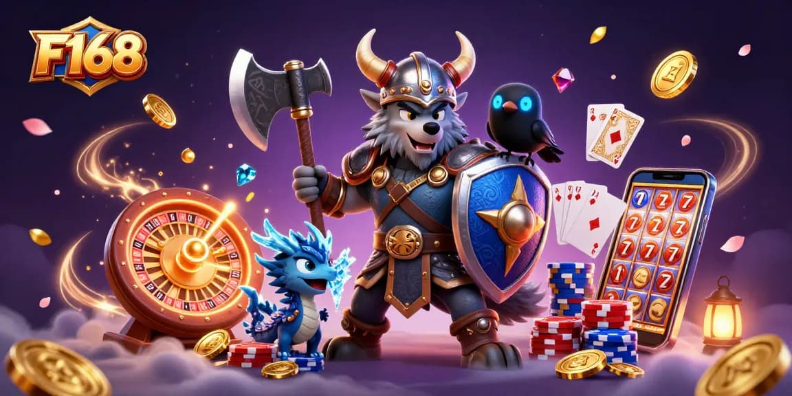 Experience thrilling gameplay with F168’s vibrant 3D illustration featuring epic casino elements.