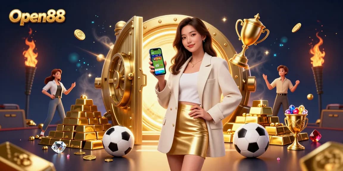 Open88 showcases vibrant sports betting with a friendly woman engaging in gaming action.