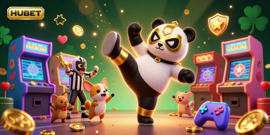 HUBET showcases dynamic gaming with an exciting panda wrestler, thrilling audience, and vibrant arcade elements.