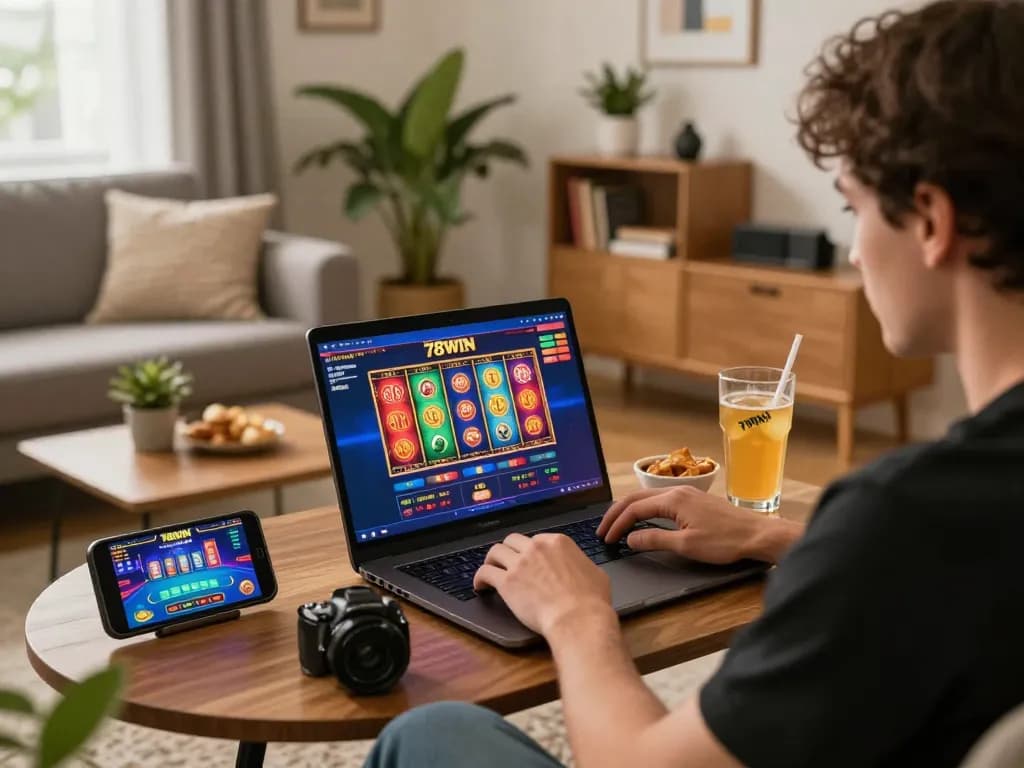 Engaging in a thrilling online 78WIN slot game session with vibrant visuals in a cozy living room