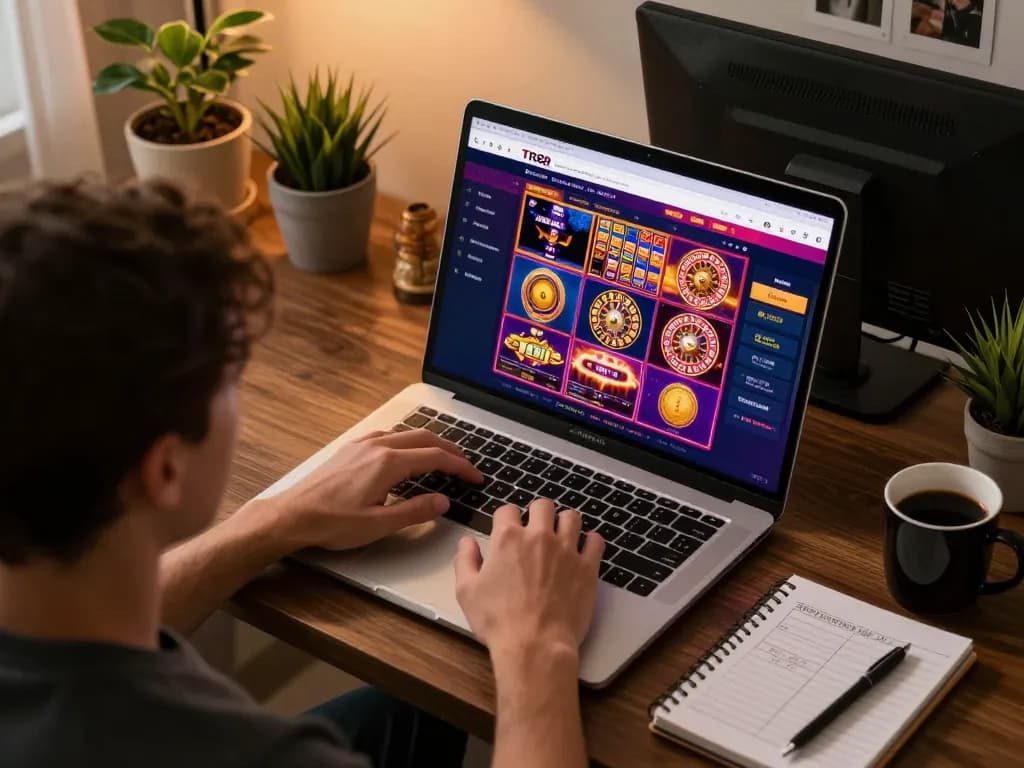 Engaging online gambling on TR88 trang chủ with a laptop showcasing casino games at home
