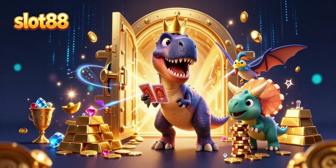 lukisan 3D slot88 menampilkan T-Rex bersaing dalam permainan kartu, dikelilingi harta karun berkilauan