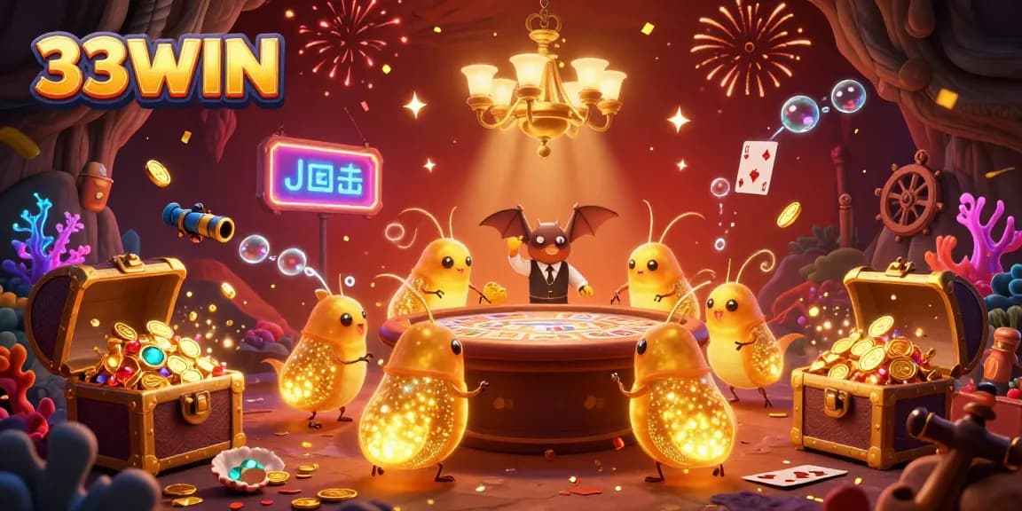 Experience the excitement of gambling with 33WIN as glowworms illuminate a cave casino filled with treasures and festive fun.
