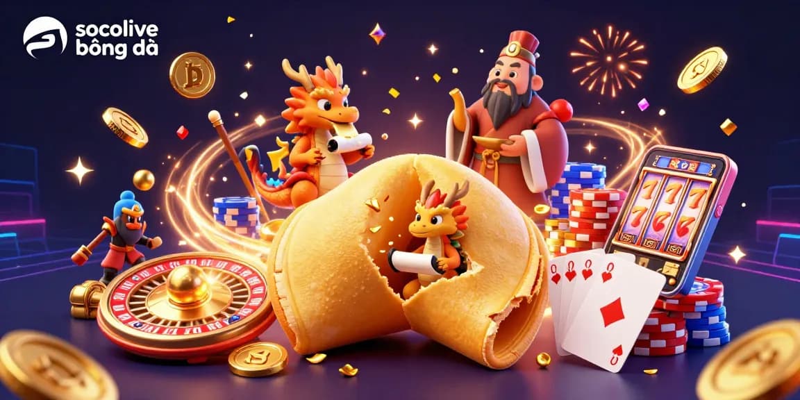 Socolive bóng đá offers an energetic scene of a wise dragon with a fortune scroll amidst golden treasures and gaming elements.
