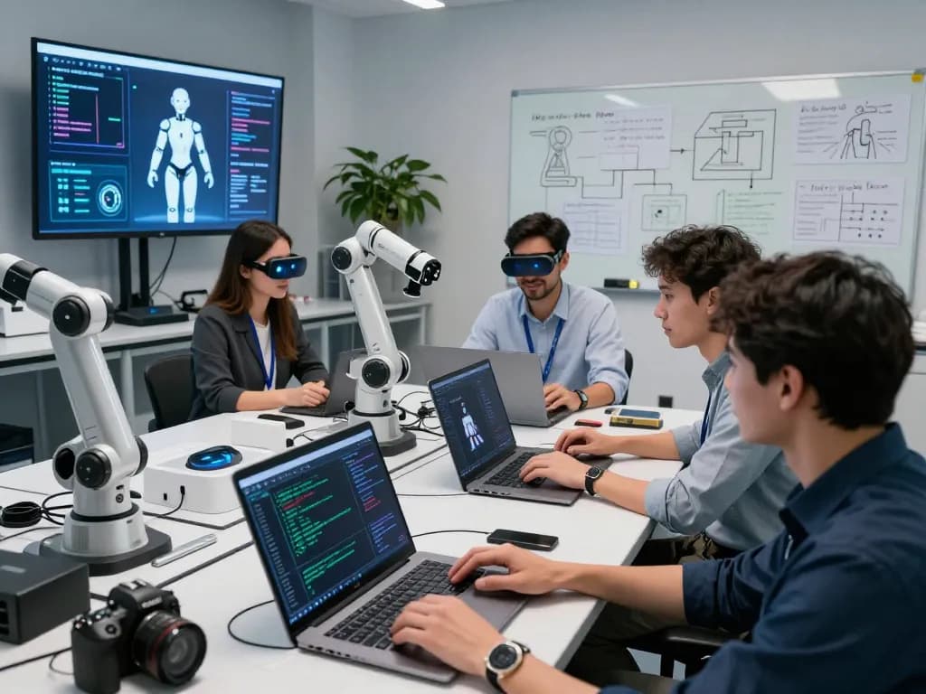 AI sex technology researchers collaborating on innovative intimacy products in a modern lab.