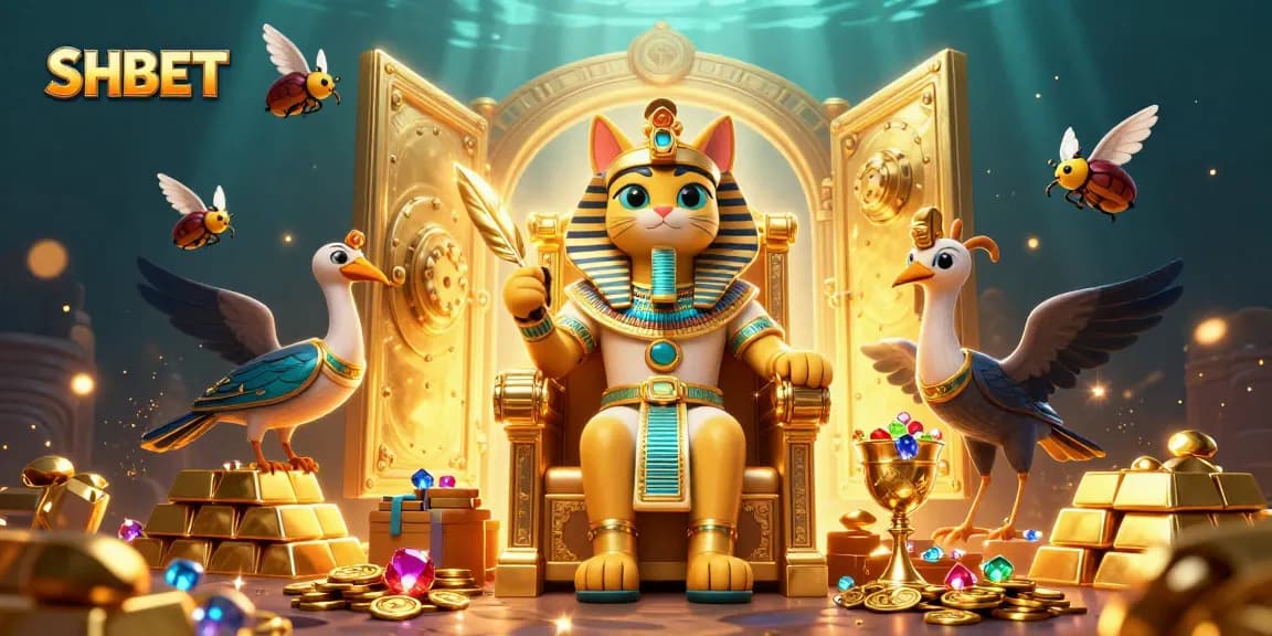 SHBET showcases a pharaoh cat on a throne amidst treasures, emphasizing online casino excitement.