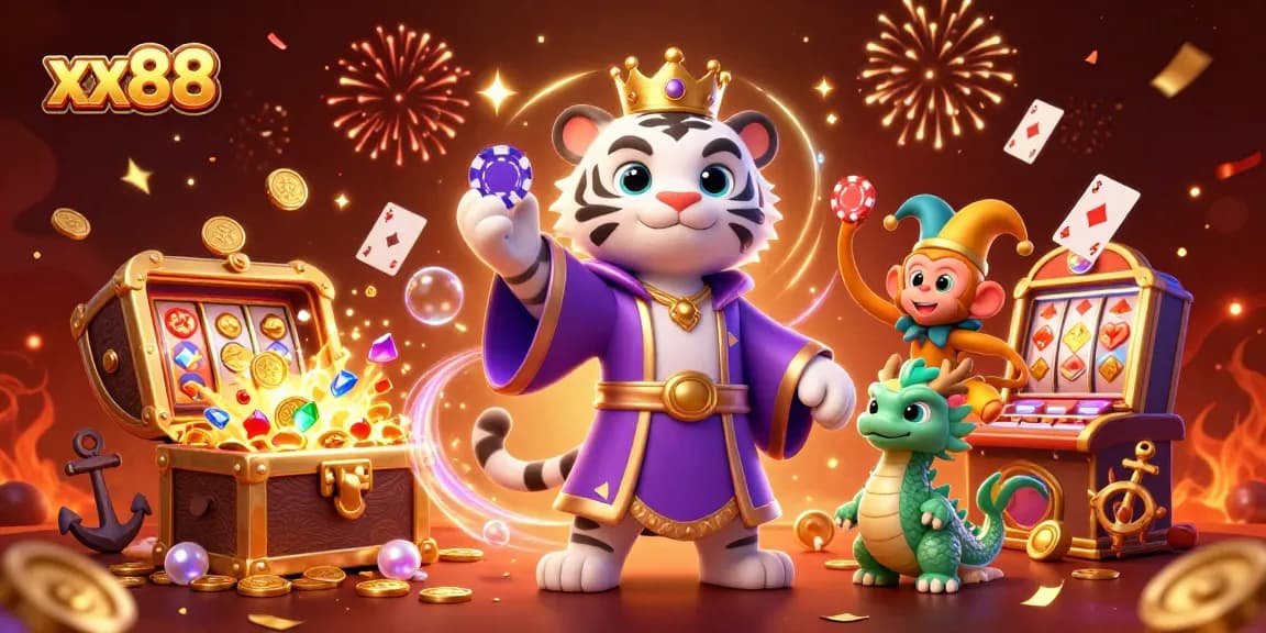 Experience thrilling wins at xx88 with a vibrant scene of casino games and characters in action.