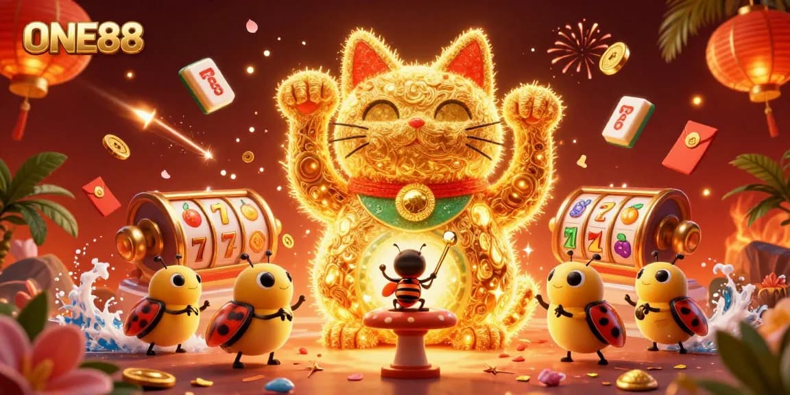 Experience the excitement of ONE88 illustrated with a vibrant lucky cat and casino elements.