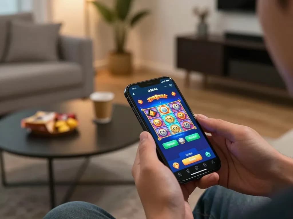Player engaging with qq88ae online slots on smartphone in a cozy home setting