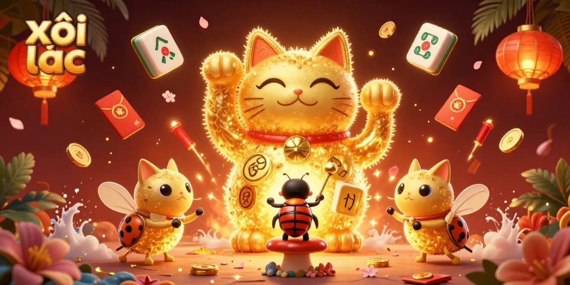 Engage with xôi lạc's vibrant gaming scene featuring a stunning golden cat and casino symbols.