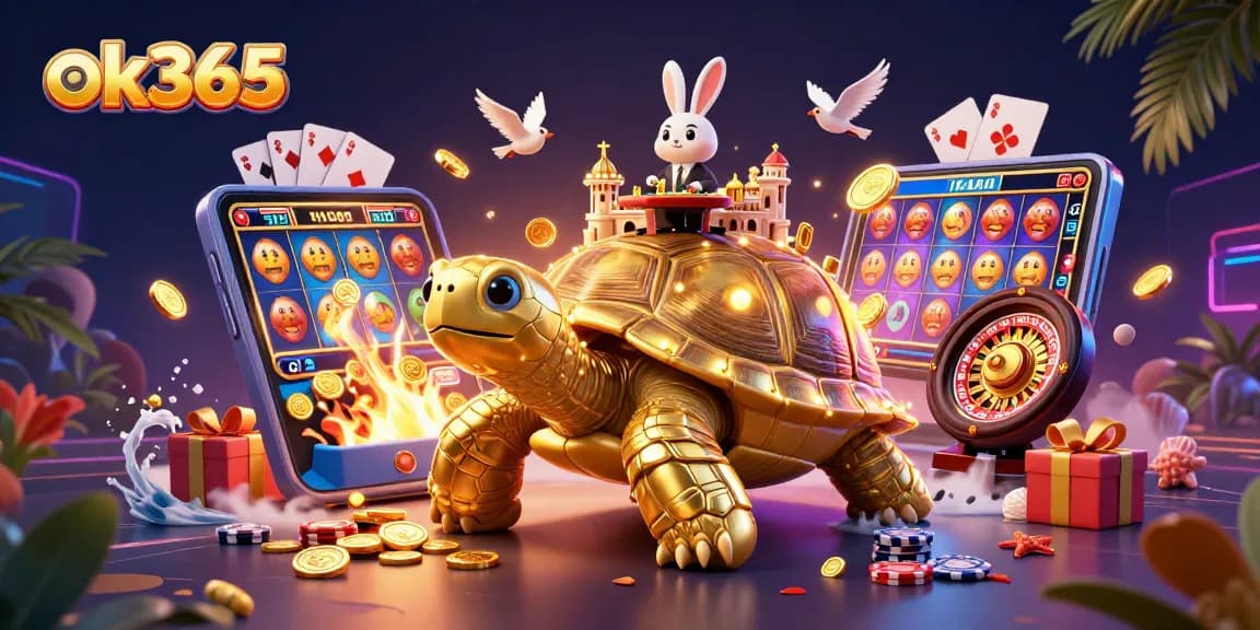 Spin the reels with ok365's vibrant gaming scene, featuring a golden tortoise casino and exciting elements.