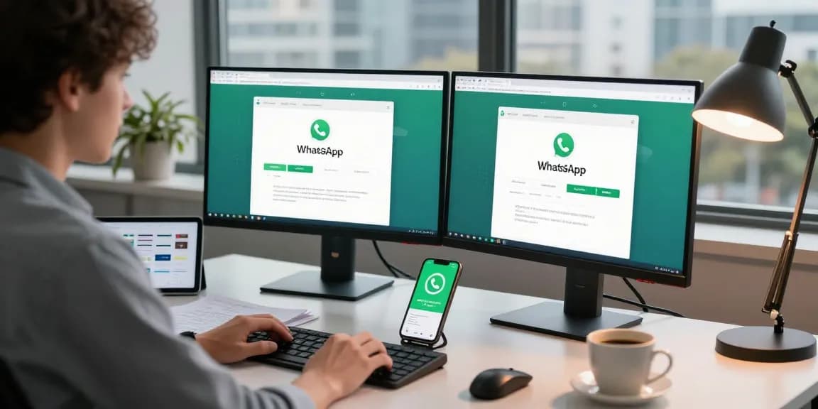 Engaging workspace showing use of WhatsApp網頁版 on dual monitors with modern tech setup.