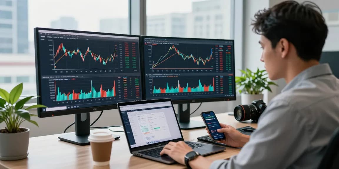 Crypto trader at work analyzing real-time data on 업투익스체인지 with dual monitors.