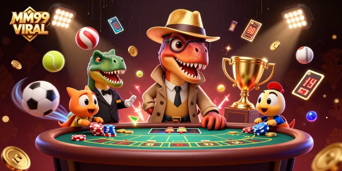 Experience thrilling gameplay at MM99 VIRAL with a cartoon velociraptor and casino elements.