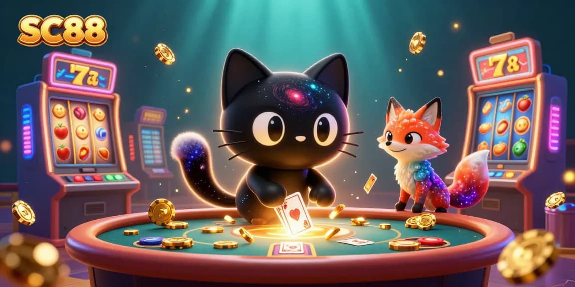 Engage with SC88's cosmic features in a vibrant, dynamic casino scene filled with slot machines and galactic charm.