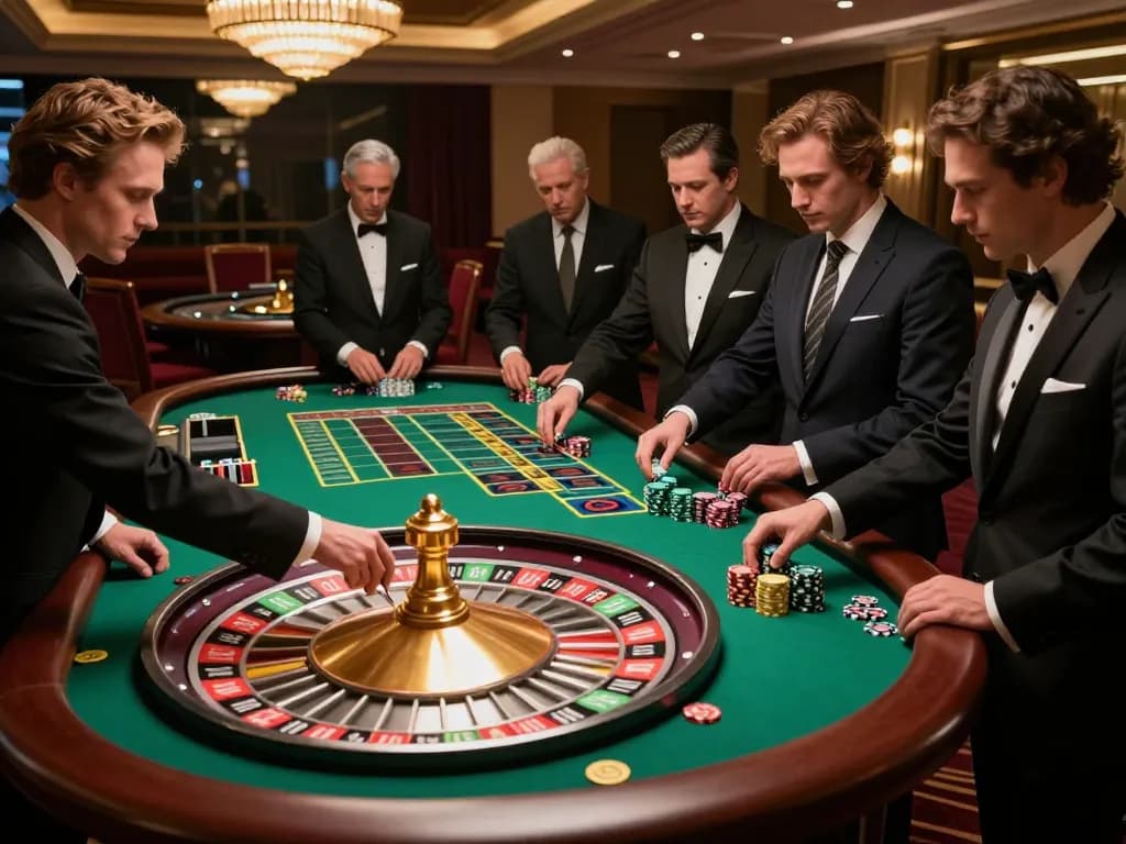 Watch gamblers place bets at xx88 roulette table in an upscale casino setting.