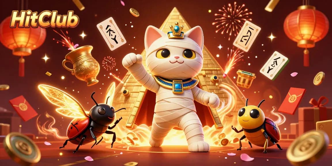 HitClub showcases an exciting Egyptian mummy cat in a vibrant casino scene, celebrating with floating cards and festive elements.