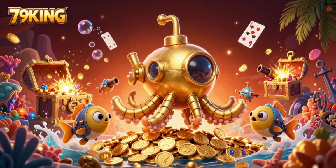 Engage with 79KING's captivating underwater casino scene featuring golden kraken and mechanical fish in a treasure-filled ocean.