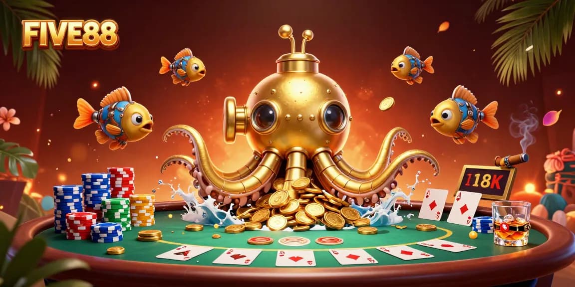 Experience the thrilling world of FIVE88 with a 3D kraken submarine amidst poker excitement.