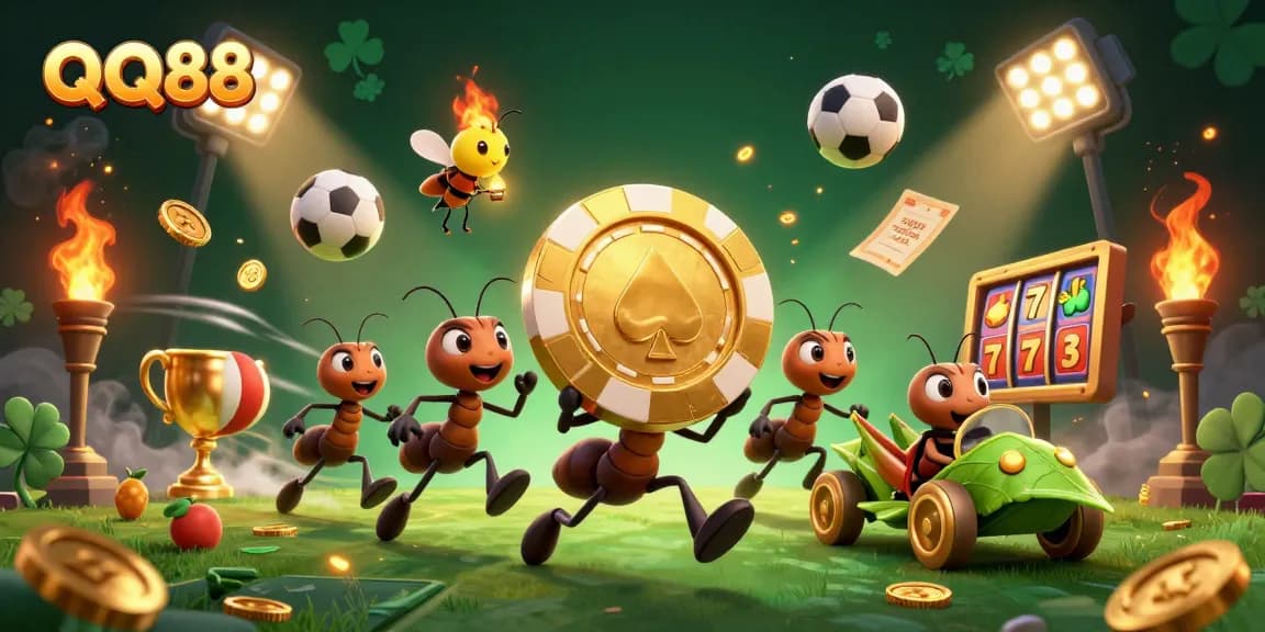 Experience QQ88's vibrant casino heist with golden chips and lively gambling elements in this dynamic illustration.