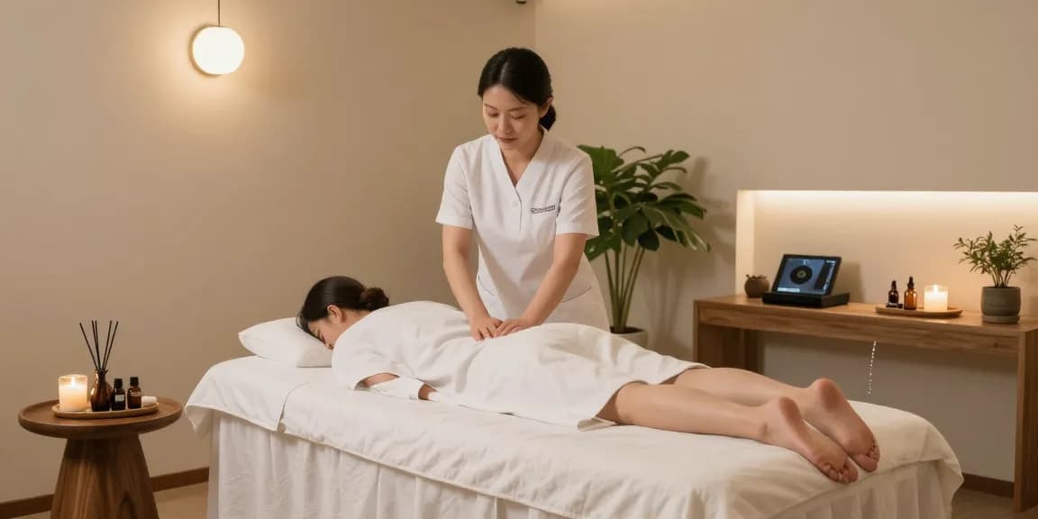 Tranquil spa environment for 하남출장마사지 with massage therapist preparing treatment room, featuring calming lighting and natural elements.