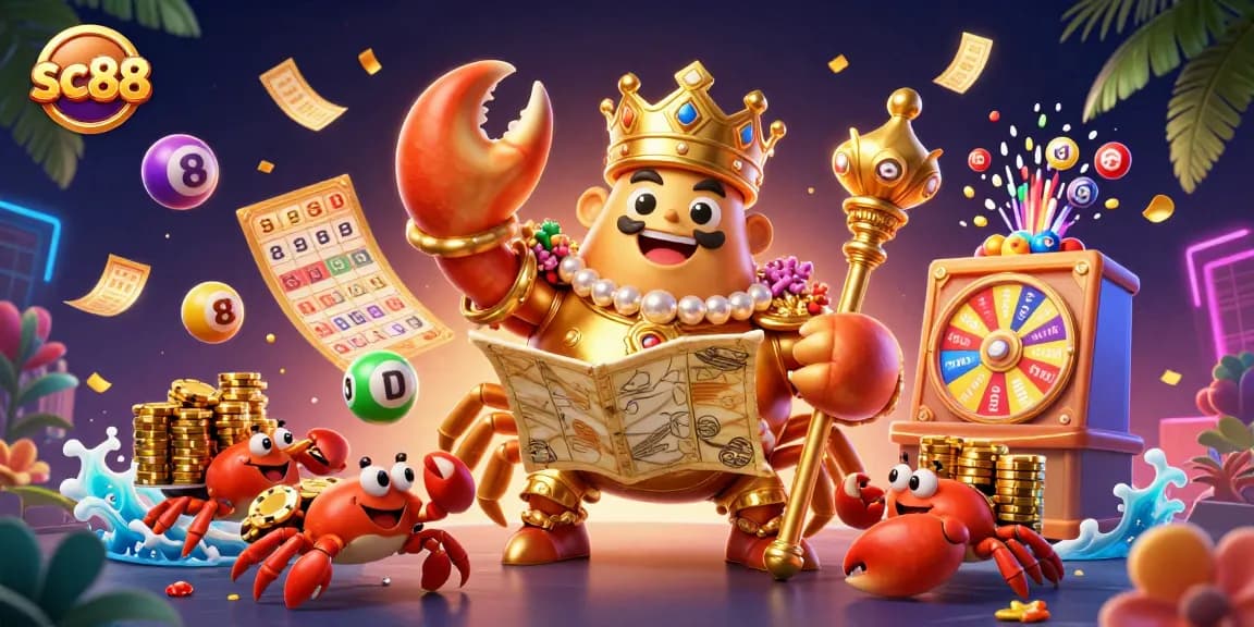 Experience thrilling gameplay with sc88 as a golden crab emperor rules over vibrant lottery elements in a dynamic casino scene.