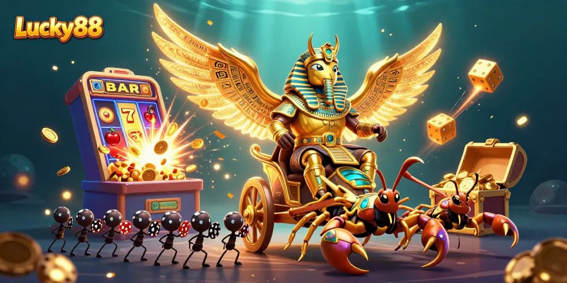 Lucky88 reveals an exciting jackpot scene with a golden scarab, scorpions, and vibrant casino elements.
