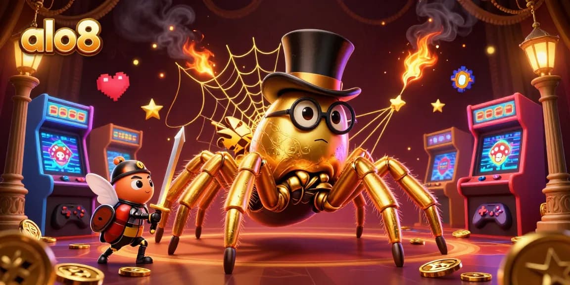 Engage with alo8's vibrant casino world through a 3D scene featuring a golden tarantula and beetle knight.