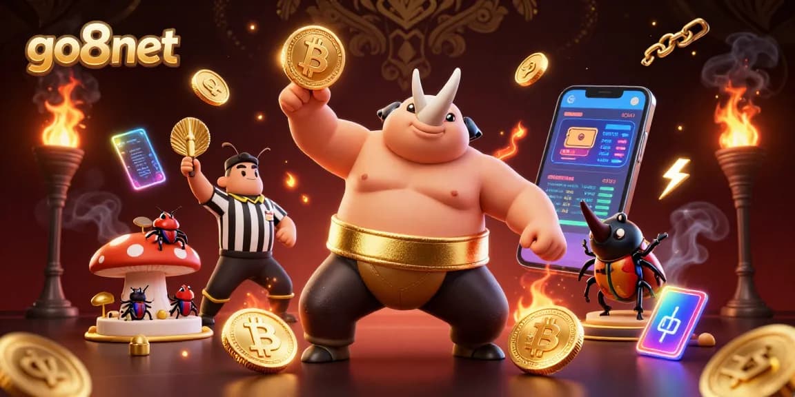 Experience exciting gaming at go8net with a dynamic illustration featuring a beetle champion amidst gold and crypto coins.