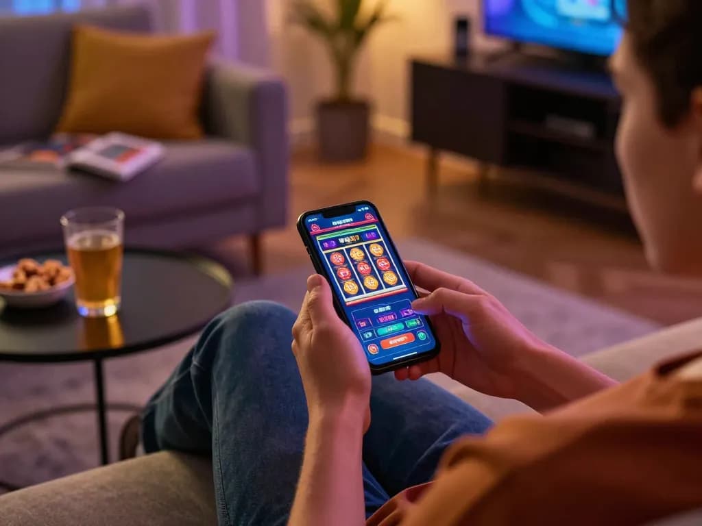 Nohuvn user immersed in online slot gaming on a smartphone in a cozy home environment.