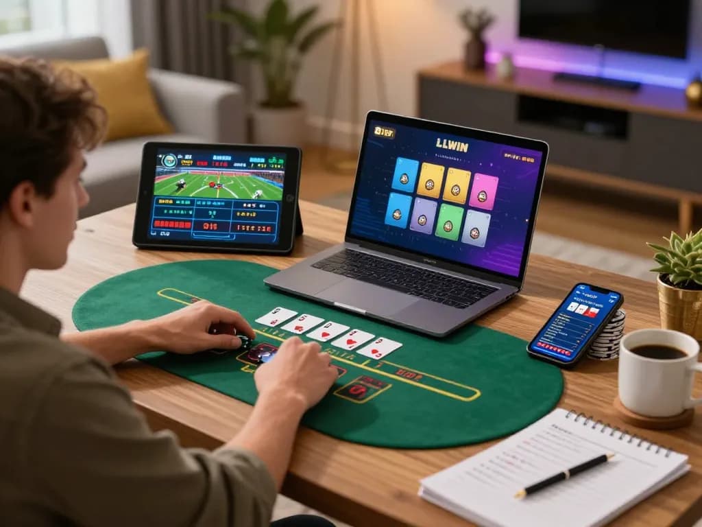 Player enjoying online gambling with LLWIN on laptop and tablet in a cozy home setting