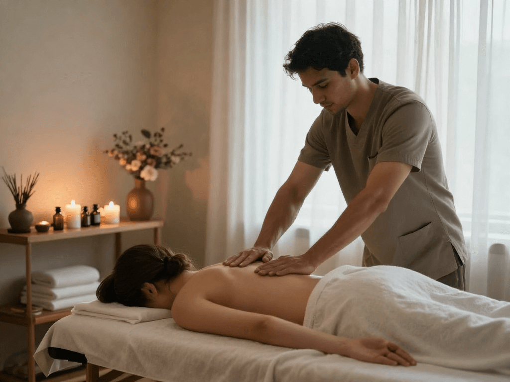 구미마사지 전문 마사지샵에서 편안한 분위기 속 치료를 받는 모습