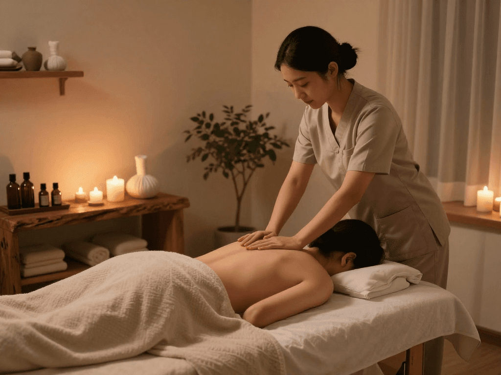 출장마사지 in a serene home spa atmosphere with soft lighting and calming elements.