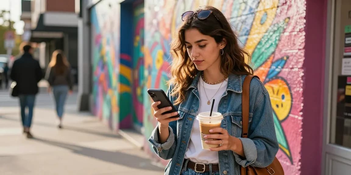 インスタ 韓国人 フォロワー 購入のためにスマホを使う若い女性、スタイリッシュな街の背景が印象的。