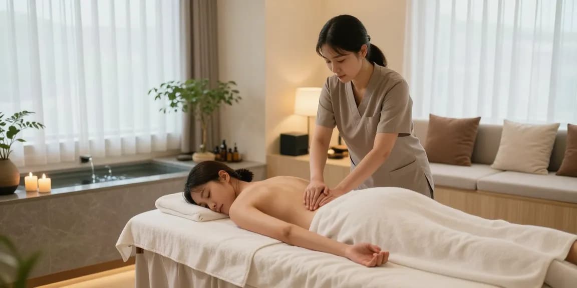 마포출장안마 massage therapy session in a serene spa environment with calming decor and warm lighting.