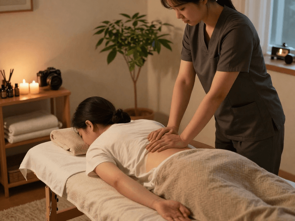 Experience a soothing 성북구출장마사지 in a serene home setting, showcasing a professional therapist creating a calm atmosphere.