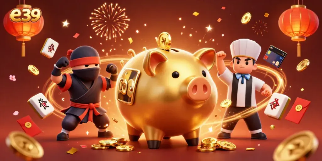 Engage with the vibrant energy of e 39 as piggy bank sumo wrestler shakes coins with a gambling theme.