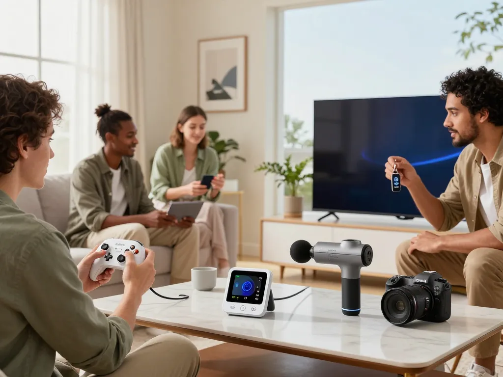 Group of men exploring the best tech gadgets for men in a modern living room, showcasing innovative devices like 8BitDo controllers and Tile Mate.