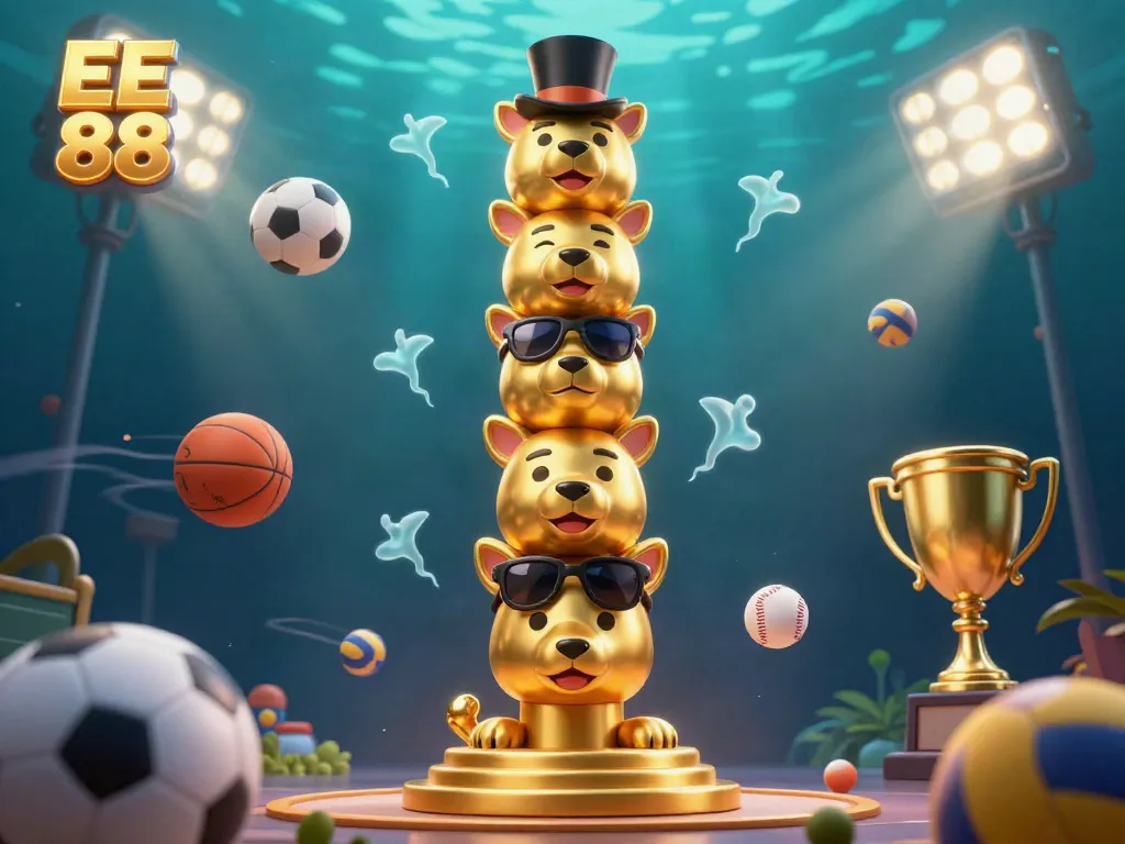 Engage in thrilling gameplay with EE 88, featuring a 3D cartoon golden totem and dynamic sports elements.