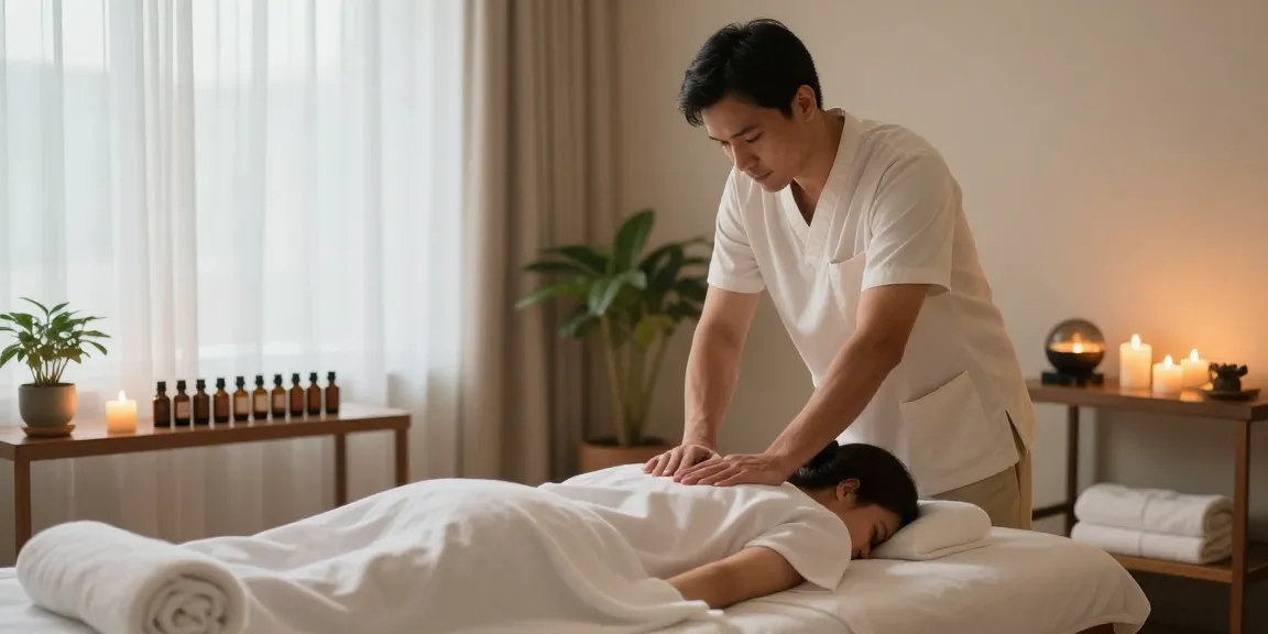 마사지 세션 준비 중인 전문 마사지사와 편안한 공간
