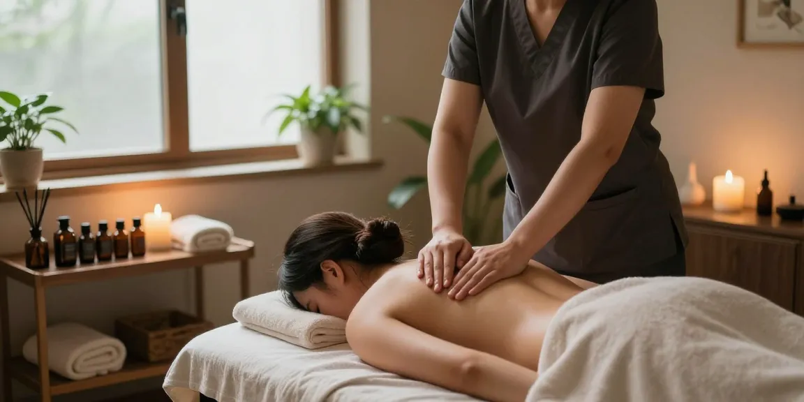 마사지 치료 중인 고객과 마사지사, 편안한 스튜디오의 잔잔한 아늑한 분위기