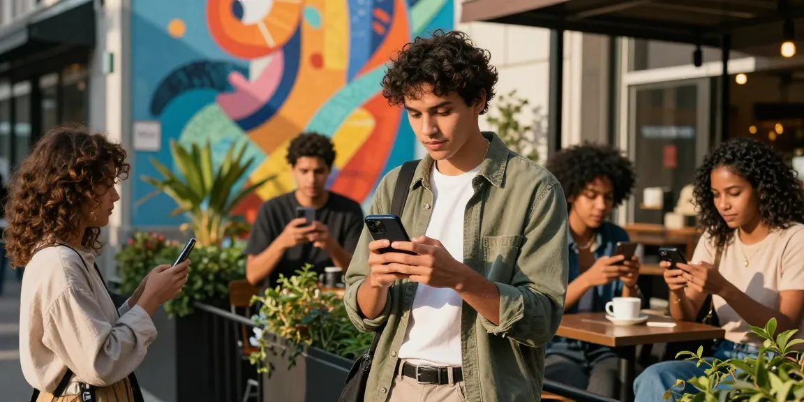 インスタグラムフォロワー購入を通じて、若いプロフェッショナルが都市の街並みで友人たちと交流するシーン