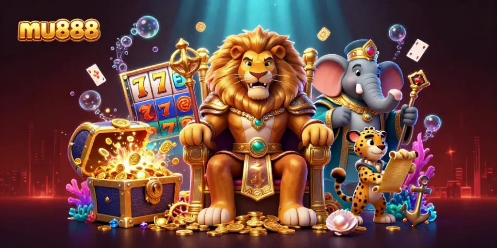 Experience the thrilling world of mu888 with a regal lion, wise elephant, and swift cheetah surrounded by vibrant casino elements.