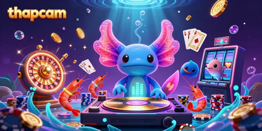 Experience thapcam's vibrant casino scene with animated axolotl DJ and glowing gems.