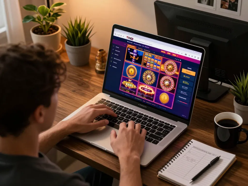 Engaging online gambling on TR88 trang chủ with a laptop showcasing casino games at home