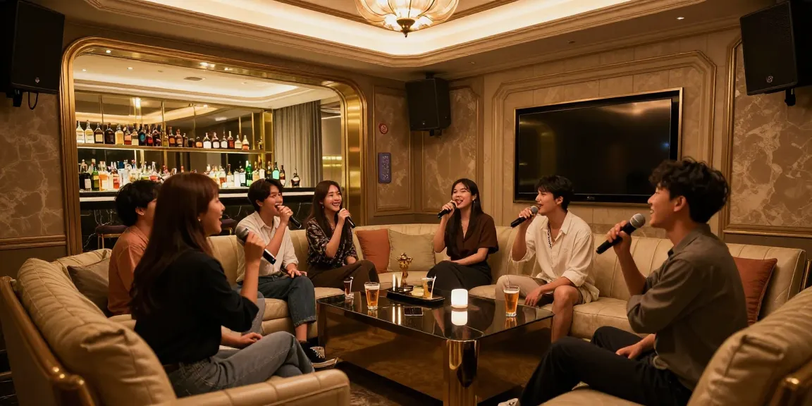 강남가라오케의 고급스러운 프라이빗 룸에서 친구들이 즐겁게 노래하고 있는 모습