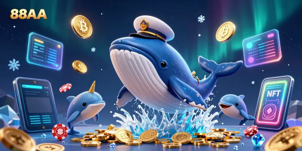 Engage with the vibrant 88AA scene featuring a cartoon whale and dolphins amid cryptocurrency symbols.